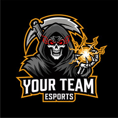 A menacing grim reaper mascot with glowing red eyes and crackling energy in its hand, designed for an esports team.