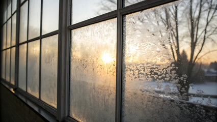 Frosty window pane with sunlight shining through on a cold winter day