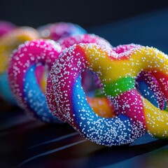 Macro close-up of rainbow gummy pretzels with large white sugar beads on a dark background