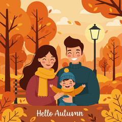 A happy family of three enjoying a beautiful autumn day in the park with colorful foliage.