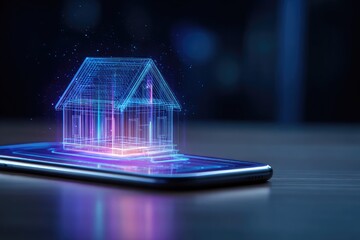 Digital house model on smartphone screen showcases technology and concept