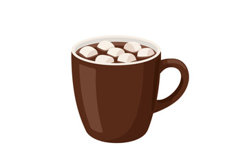 Brown mug filled with hot chocolate and marshmallows on a white background