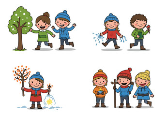 Cartoon depicts children representing spring summer autumn and winter seasons