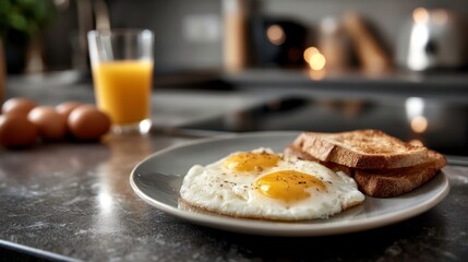 Breakfast delight sunny side up eggs kitchen counter food photography cozy environment close-up view culinary concept