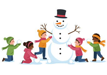 Children build a snowman with a carrot nose black hat twig arms and button eyes