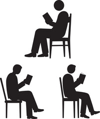 Fototapeta premium Three figures reading books while sitting on chairs silhouette