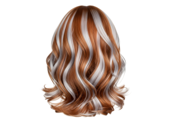 A stunning display of highlighted auburn and white hair, featuring voluminous curls against a dark background.