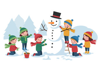 Children building a snowman in a snowy landscape with trees