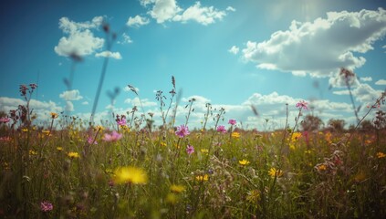 Serene meadow scene displays a vibrant array of wildflowers and grasses swaying gently in a refreshing breeze under a radiant, bright blue sky dotted with fluffy, white clouds, creating a captivating