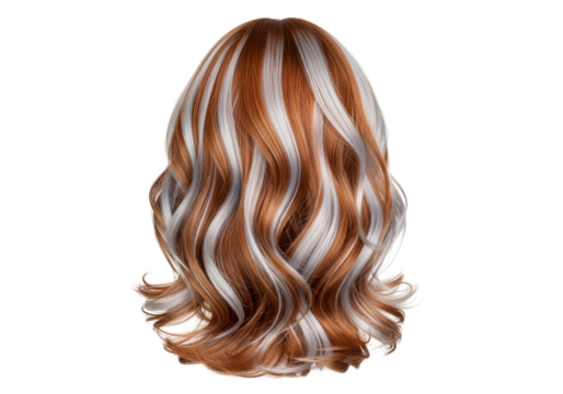 A stunning display of highlighted auburn and white hair, featuring voluminous curls against a dark background.