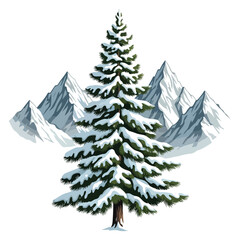 Obraz premium An illustration of a tall, snow-covered evergreen tree set against a backdrop of majestic, jagged mountain peaks.