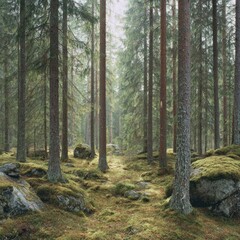 Obraz premium Forest scene with tall trees mossy ground and natural light