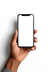 A Man's Hand Holding a Modern Smartphone with a Blank White Screen for Mockup.