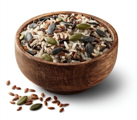 Wooden bowl filled with a mix of grains and seeds