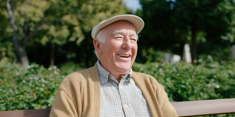 Elderly man enjoys sunny day in park, laughing and reminiscing while sitting on a bench surrounded by greenery.