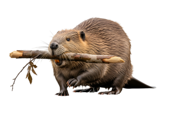 Close-up of a beaver carrying a branch against a pure black background, showcasing its detailed fur and determined posture.