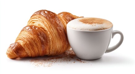 A croissant and cappuccino on a white background. Golden-brown, flaky croissant next to a steaming white cup of cappuccino, sprinkled with cinnamon