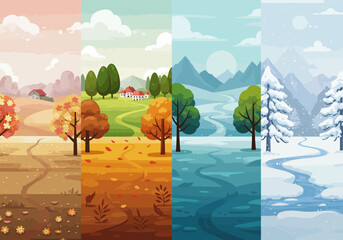 Naklejka premium Four landscape panels depict autumn summer spring winter