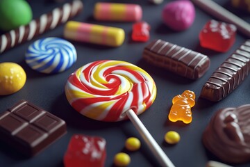 Top view of assorted colorful lollipops, chocolate, and jellies on a dark background