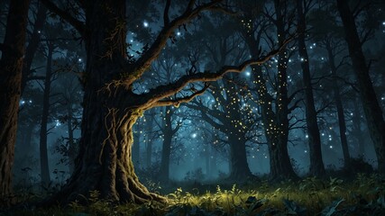 An eerie, mystical forest scene at night features a large, moss-covered tree trunk. The dark woods are illuminated by glowing white and yellow orbs of light.