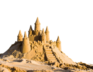 Intricate sandcastle sculpture with towers and steps 