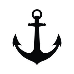 Simple black silhouette drawing of a ship anchor against a white background, anchor in harbor silhouette vector illustration