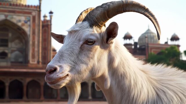 Close Up Portrait of a Majestic White Domestic Goat with Curved Horns and Beard near Jama Masjid Delhi India Perfect for Eid al-Adha Celebration and Cultural Projects Showing Tradition and Heritage