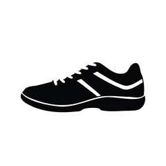 Black silhouette of athletic shoe with stripes and laces on white background, badminton shoes silhouette vector illustration