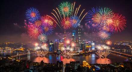 Obraz premium Vibrant Fireworks Display Over Cityscape: A spectacular aerial view of a cityscape illuminated by a breathtaking fireworks display.