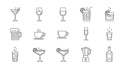 Diverse Outline Drink Icons Set Featuring Various Beverages, Glasses, and Bar Tools Line Art.