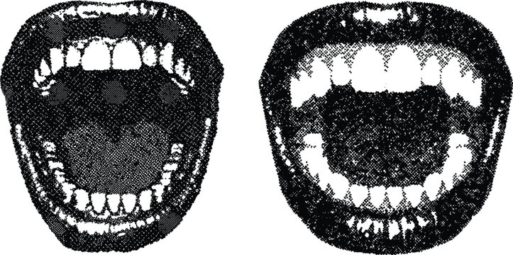 Lipstick mouth in halftone stipple effect collection. Y2K punk scream lips and mouth featuring brutalist halftone stipple texture, monochrome photocopy style. Vintage vector illustration.