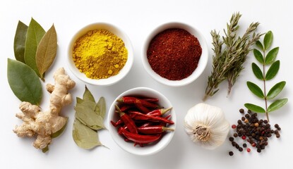 Assorted spices and herbs arranged on a white background. Small white bowls hold turmeric powder, paprika, and chili peppers. Fresh ginger, bay leaves, rosemary, and peppercorns are also visible