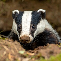 Fototapeta premium Badger emerging from burrow