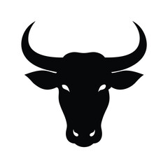Silhouette of a bull's head with large curved horns on white, bull head close up silhouette vector illustration