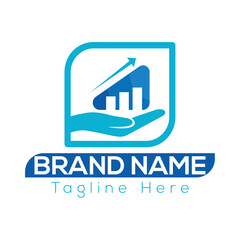 Blue hand holding rising bar graph with upward arrow logo and text placeholders business logo