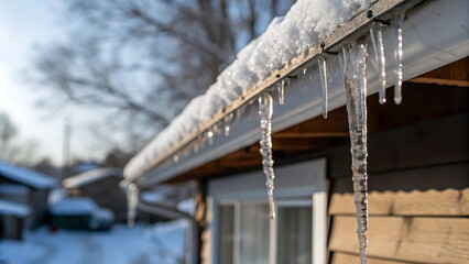 Icicles hang from the roof of a house on a sunny winter day outside