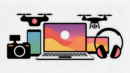 Collection of modern electronic gadgets and devices including drones cameras and headphones quadcopter