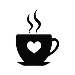 A simple, symbolic illustration of hot beverage with heart in black color, coffee cup with heart steam silhouette vector illustration