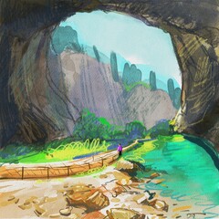Big cave. hand drawn watercolor painting
