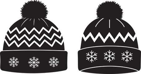 Two winter beanies with pom poms and snowflakes silhouette