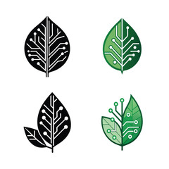 Set of Leaf Circuit Illustrations – Organic Nature Transformed into Futuristic Technology Vectors on White Background
