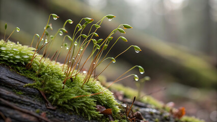 Close up of moss with water droplets in a forest with a blurred background