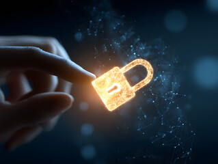 Hand gently touches glowing virtual padlock symbolizing digital security, data protection, and access control in futuristic technology environment