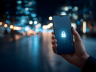 Hand holding smartphone with glowing lock icon on screen, symbolizing data security and privacy protection, set against blurred city night background