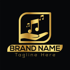 Golden musical notes held in an open hand within a rounded square frame on a black background with brand name text