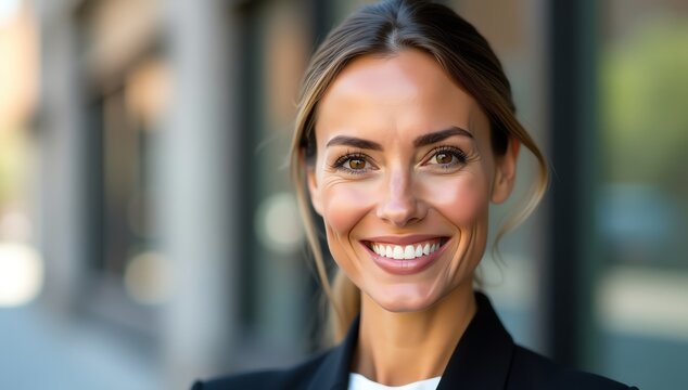 Confident businesswoman smiling outdoors, professional portrait, success, modern, executive, portrait, happy, beautiful.