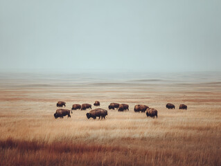 Herd of bison grazing peacefully in vast prairie, surrounded by golden grass under calm sky, evokes sense of tranquility and natural beauty