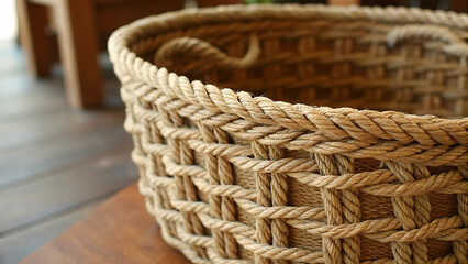 Close up of a woven rope basket sitting on a wooden surface indoors