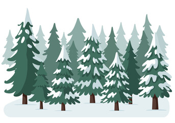 Winter forest scene of evergreen trees with snow on branches set on snowy ground against a white backdrop