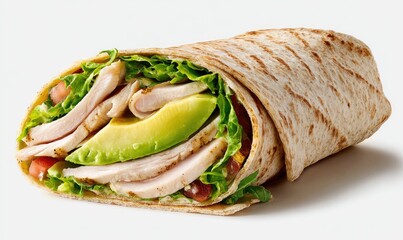 A whole wheat tortilla wrap filled with sliced grilled chicken, avocado, lettuce, and tomato